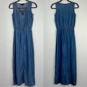 Vintage | y2k Cottagecore Fairy Boho Witch Blue Jean Tencel Tie Up Maxi Dress 2